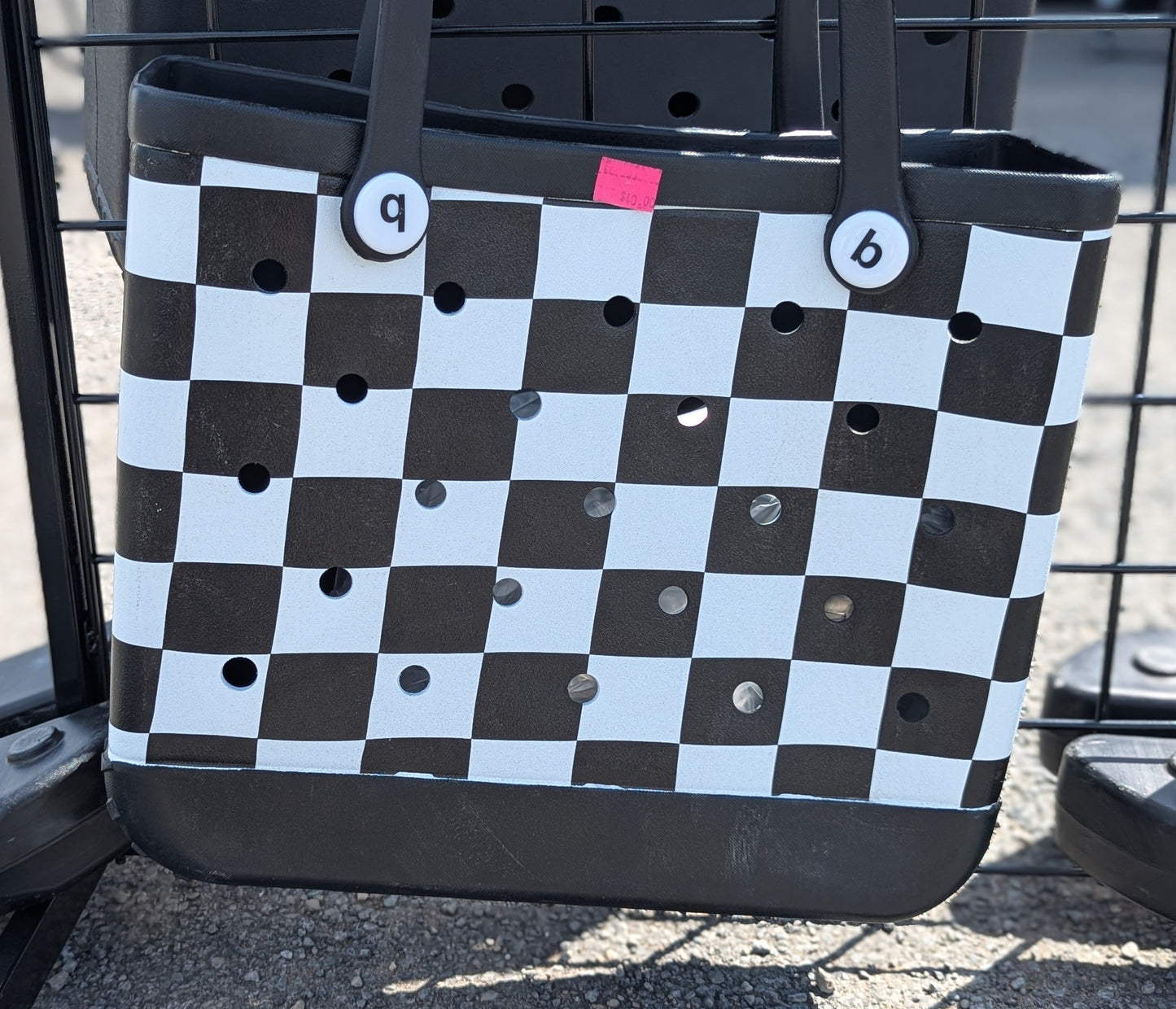 Large Rubber Tote Bag with Large Checkered Print