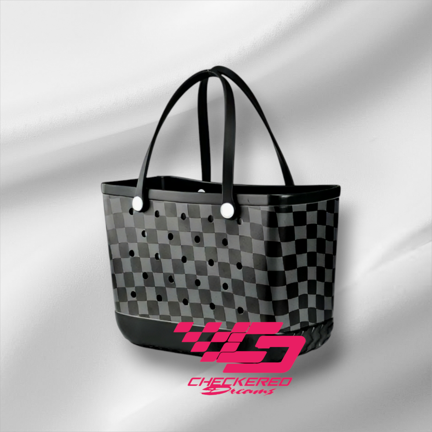 Black and Gray X-Large Checkered Print Rubber Tote Bag