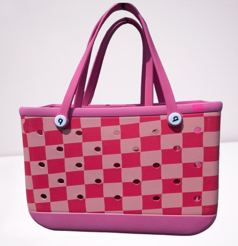 XL large Pink Rubber Tote Bag With The Large Checkered Print