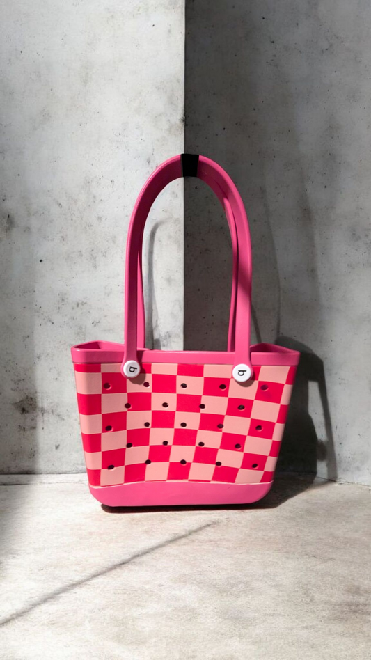 Large Pink Checkered Rubber Tote Bag With the Large checkered Print